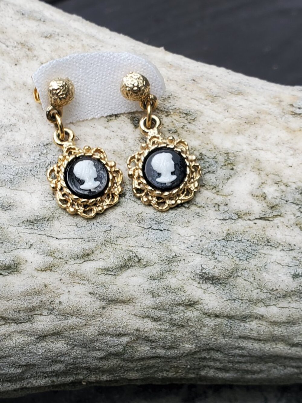 Vintage gold colored and black Cameo earrings